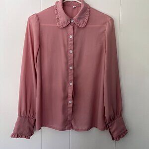 Rose Blush Ruffled Collar Button Down, Medium